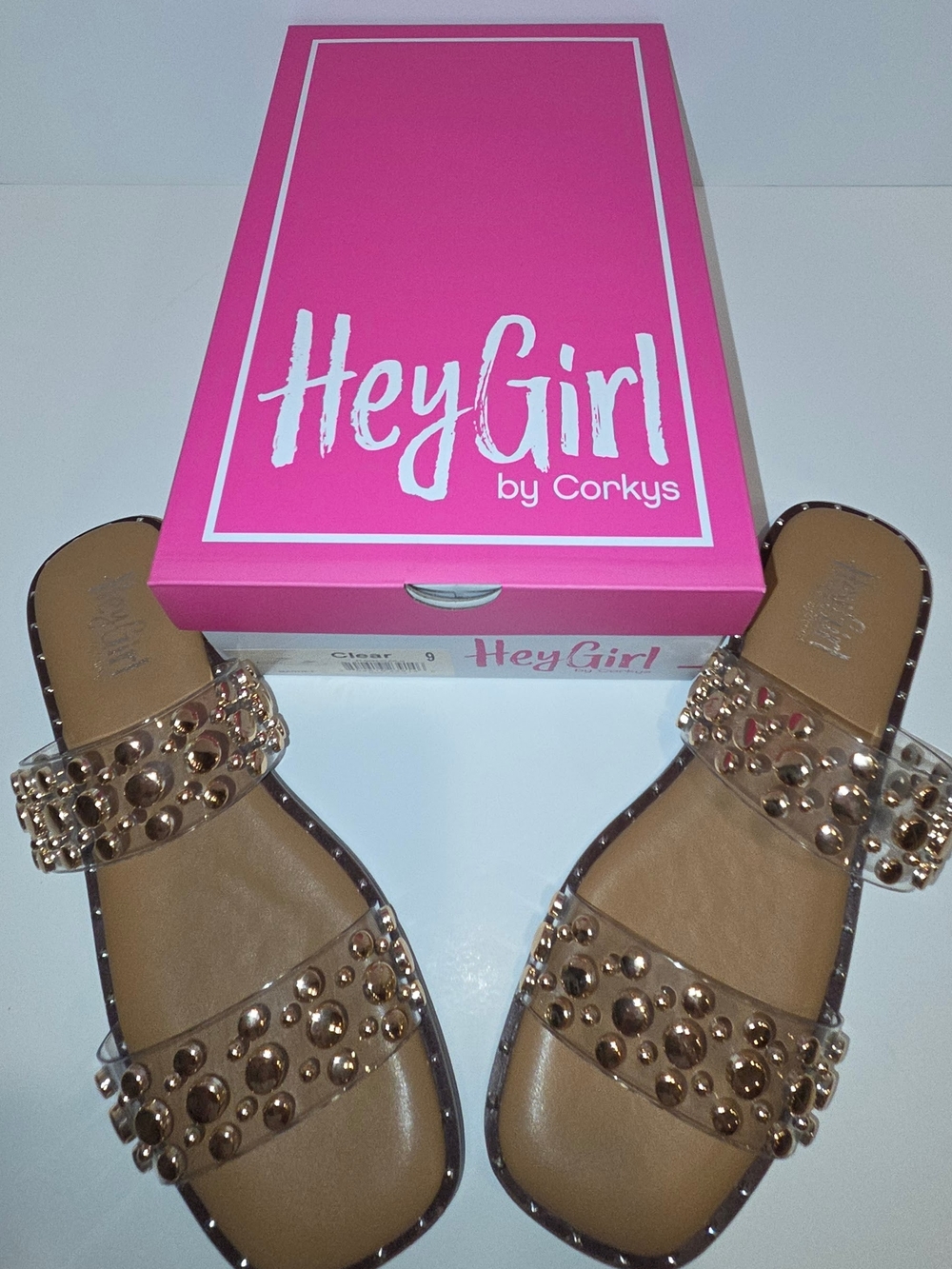 Rose Gold Clear Double-Strap Stud Slide Sandals